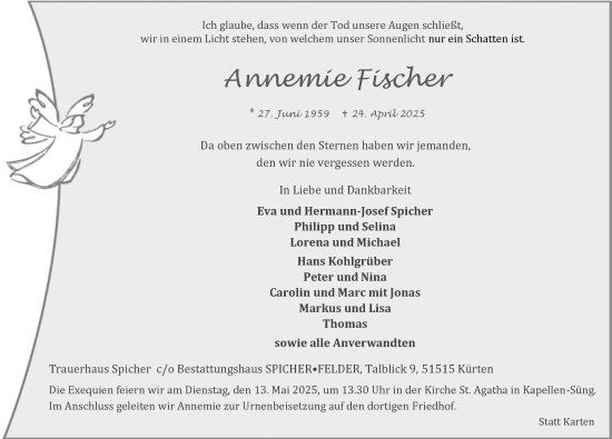 Anzeige von Annemie Fischer von Kölner Stadt-Anzeiger / Kölnische Rundschau / Express
