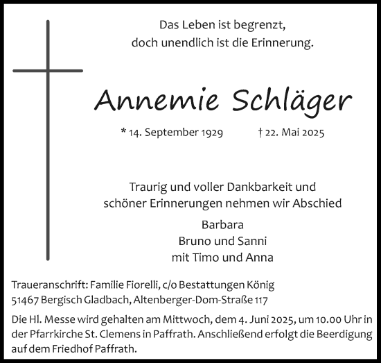 Anzeige von Annemie Schläger von Kölner Stadt-Anzeiger / Kölnische Rundschau / Express