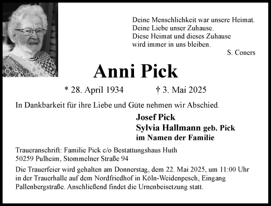 Anzeige von Anni Pick von Kölner Stadt-Anzeiger / Kölnische Rundschau / Express