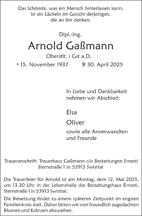 Anzeige von Arnold Gallmann von  Schaufenster/Blickpunkt 