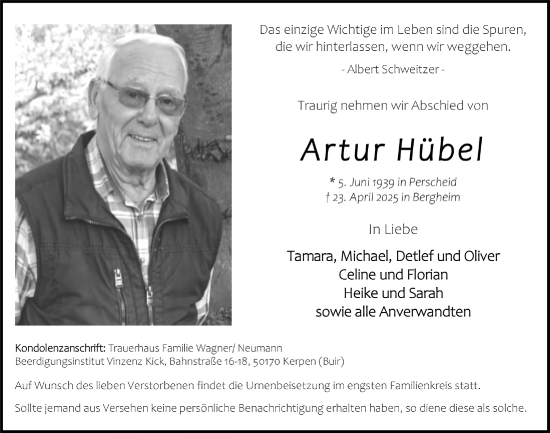 Anzeige von Artur Hübel von  Werbepost 