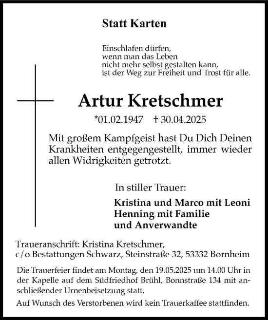 Anzeige von Artur Kretschmer von  Schaufenster/Blickpunkt  Schlossbote/Werbekurier 