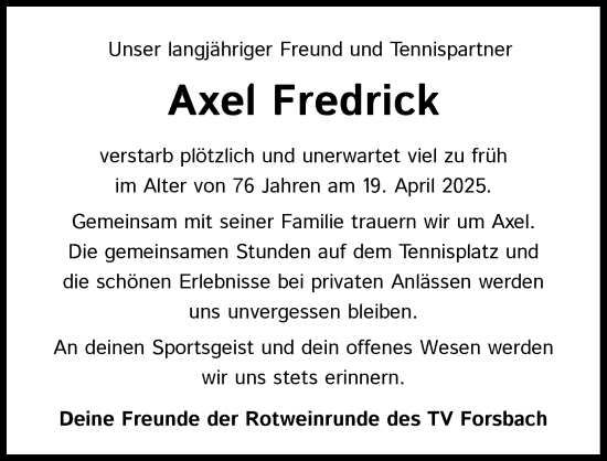 Anzeige von Axel Fredrick von Kölner Stadt-Anzeiger / Kölnische Rundschau / Express