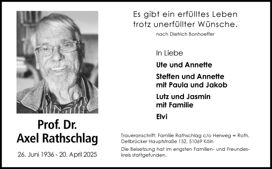 Anzeige von Axel Rathschlag von Kölner Stadt-Anzeiger / Kölnische Rundschau / Express
