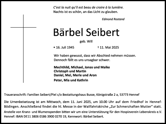 Anzeige von Bärbel Seibert von Kölner Stadt-Anzeiger / Kölnische Rundschau / Express