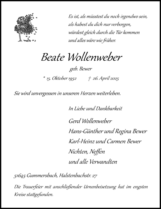 Anzeige von Beate Wollenweber von  Anzeigen Echo 
