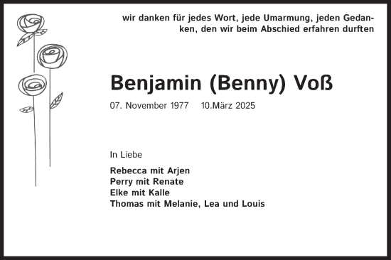 Anzeige von Benjamin Voß von Kölner Stadt-Anzeiger / Kölnische Rundschau / Express
