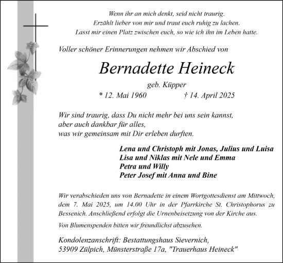 Anzeige von Bernadette Heineck von  Blickpunkt Euskirchen 