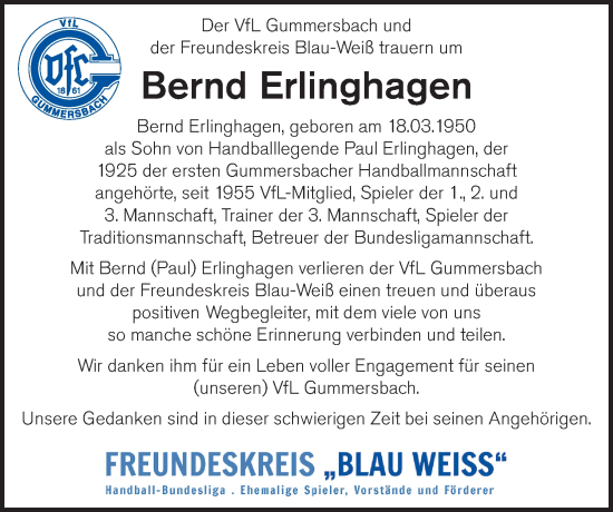 Anzeige von Bernd Erlinghagen von Kölner Stadt-Anzeiger / Kölnische Rundschau / Express