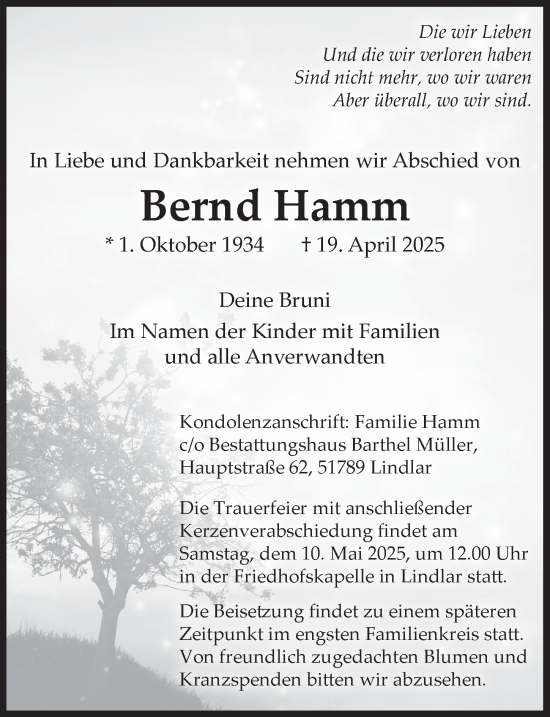 Anzeige von Bernd Hamm von  Anzeigen Echo 
