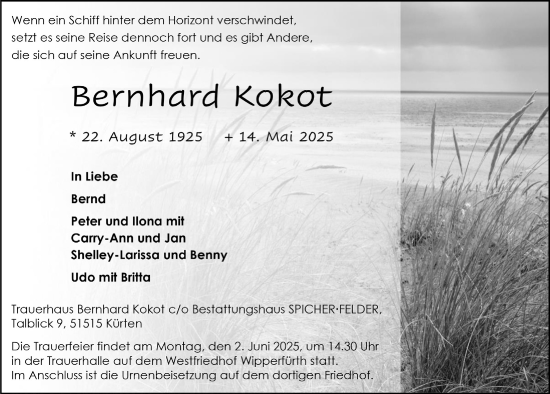 Anzeige von Bernhard Kokot von  Anzeigen Echo 