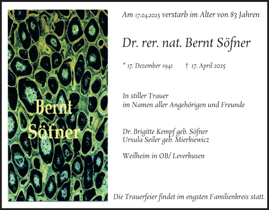 Anzeige von Bernt Söfner von Kölner Stadt-Anzeiger / Kölnische Rundschau / Express