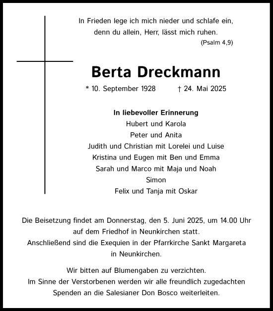 Anzeige von Berta Dreckmann von Kölner Stadt-Anzeiger / Kölnische Rundschau / Express