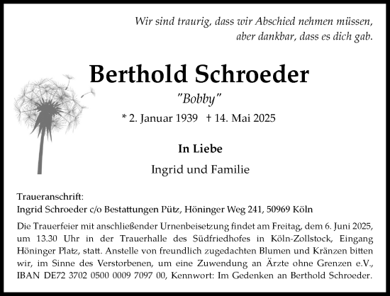 Anzeige von Berthold Schroeder von Kölner Stadt-Anzeiger / Kölnische Rundschau / Express