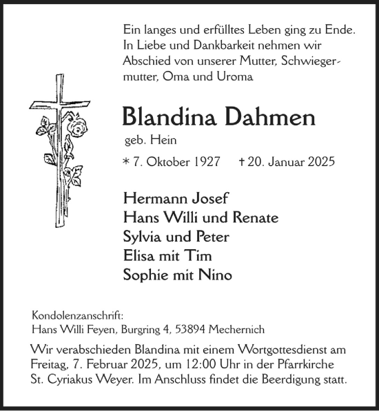 Anzeige von Blandina Dahmen von  Blickpunkt Euskirchen 