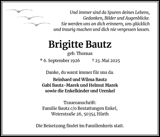 Anzeige von Brigitte Bautz von Kölner Stadt-Anzeiger / Kölnische Rundschau / Express