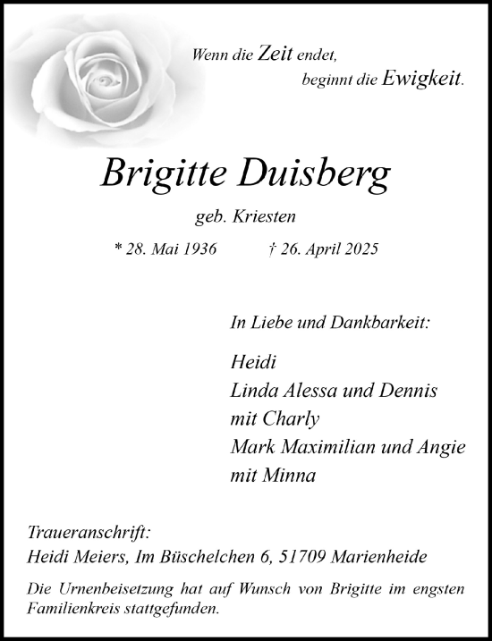 Anzeige von Brigitte Duisberg von  Anzeigen Echo 
