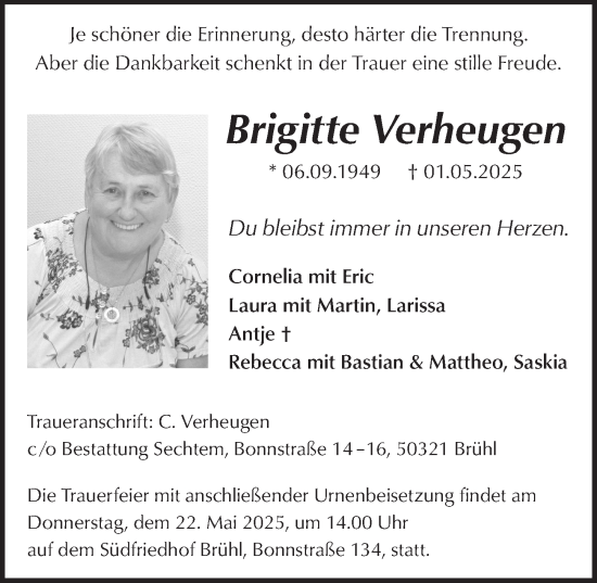 Anzeige von Brigitte Verheugen von  Schlossbote/Werbekurier 