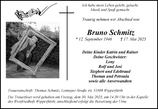 Anzeige von Bruno Schmitz von Kölner Stadt-Anzeiger / Kölnische Rundschau / Express