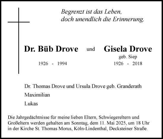 Anzeige von Büb und Gisela Drove von Kölner Stadt-Anzeiger / Kölnische Rundschau / Express