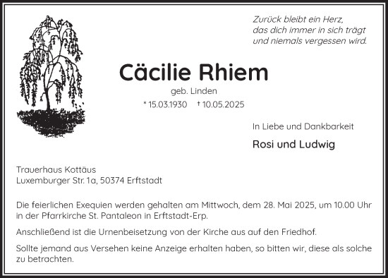 Anzeige von Cäcilie Rhiem von  Werbepost 