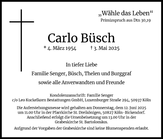 Anzeige von Carlo Büsch von Kölner Stadt-Anzeiger / Kölnische Rundschau / Express