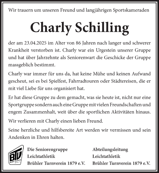 Anzeige von Charly Schilling von  Schlossbote/Werbekurier 