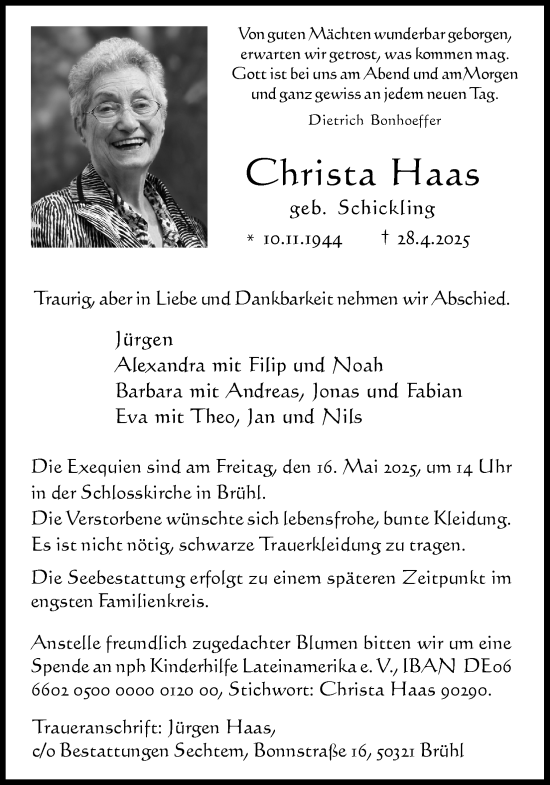 Anzeige von Christa Haas von Kölner Stadt-Anzeiger / Kölnische Rundschau / Express