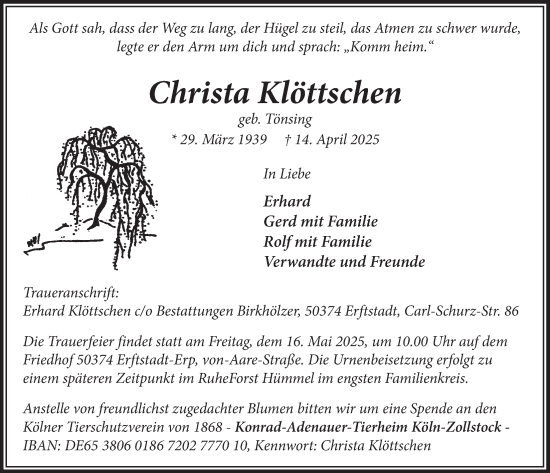 Anzeige von Christa Klöttschen von  Werbepost 