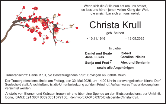 Anzeige von Christa Krull von Kölner Stadt-Anzeiger / Kölnische Rundschau / Express
