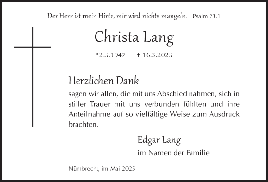 Anzeige von Christa Lang von  Lokalanzeiger 