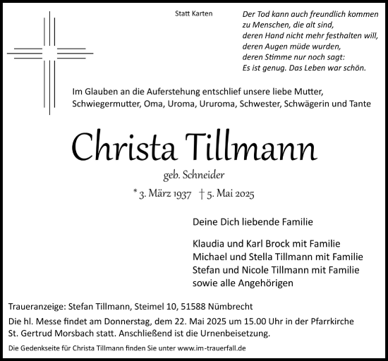 Anzeige von Christa Tillmann von  Lokalanzeiger 
