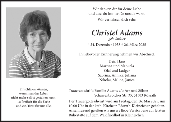 Anzeige von Christel Adams von  Bergisches Handelsblatt 