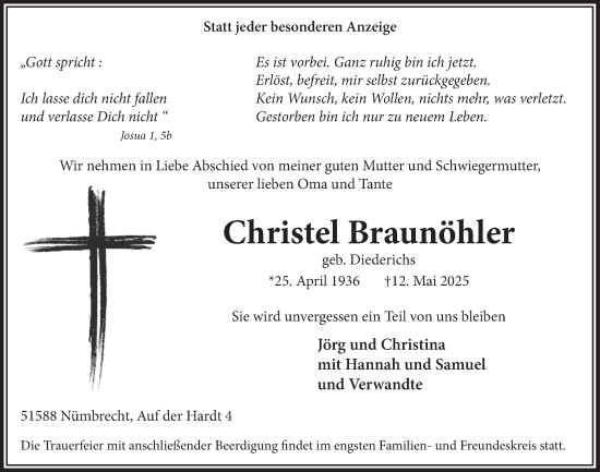 Anzeige von Christel Braunöhler von  Anzeigen Echo  Lokalanzeiger 