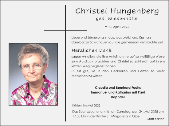 Anzeige von Christel Hungenberg von Kölner Stadt-Anzeiger / Kölnische Rundschau / Express