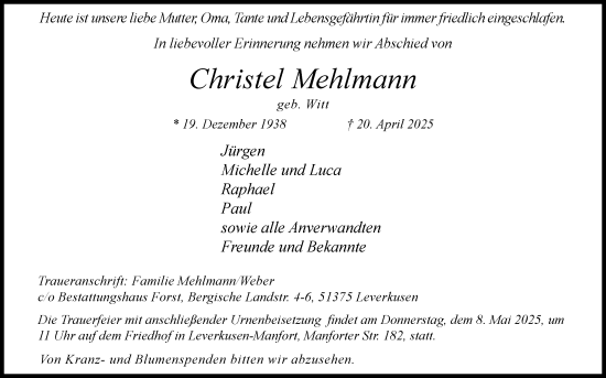 Anzeige von Christel Mehlmann von Kölner Stadt-Anzeiger / Kölnische Rundschau / Express