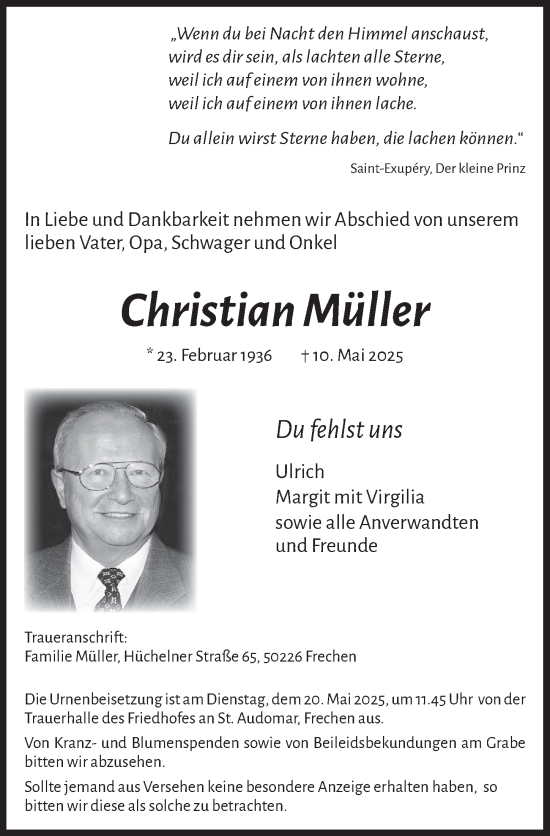 Anzeige von Christian Müller von  Wochenende 