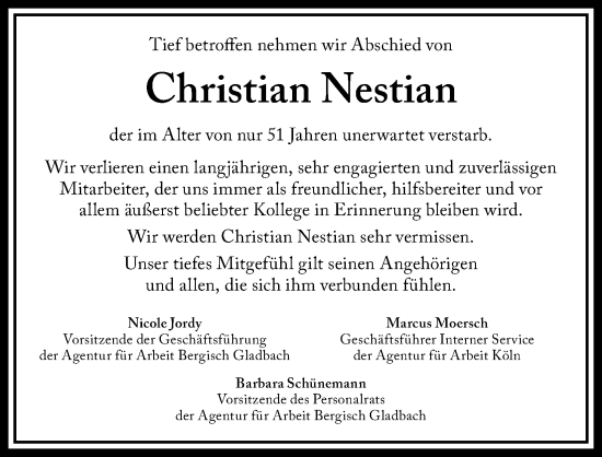 Anzeige von Christian Nestian von Kölner Stadt-Anzeiger / Kölnische Rundschau / Express