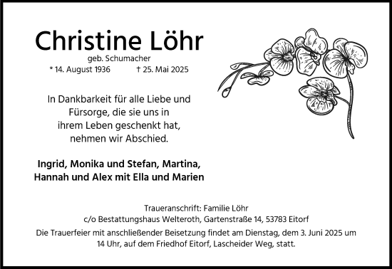 Anzeige von Christine Löhr von Kölner Stadt-Anzeiger / Kölnische Rundschau / Express