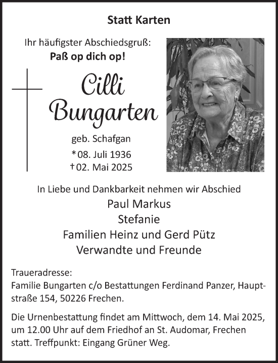 Anzeige von Cilli Bungarten von  Wochenende 