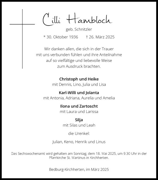 Anzeige von Cilli Hambloch von Kölner Stadt-Anzeiger / Kölnische Rundschau / Express