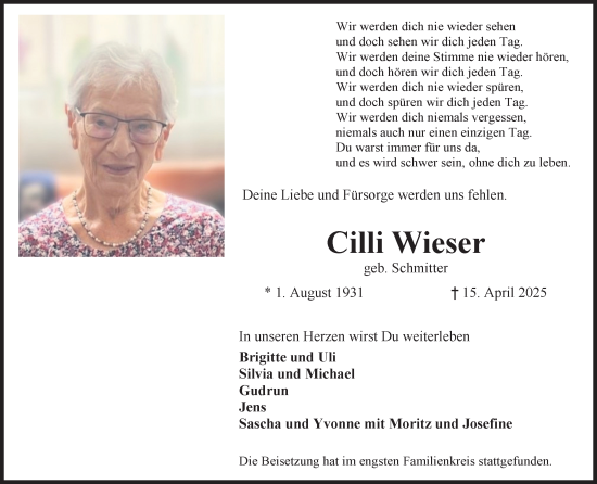 Anzeige von Cilli Wieser von Kölner Stadt-Anzeiger / Kölnische Rundschau / Express