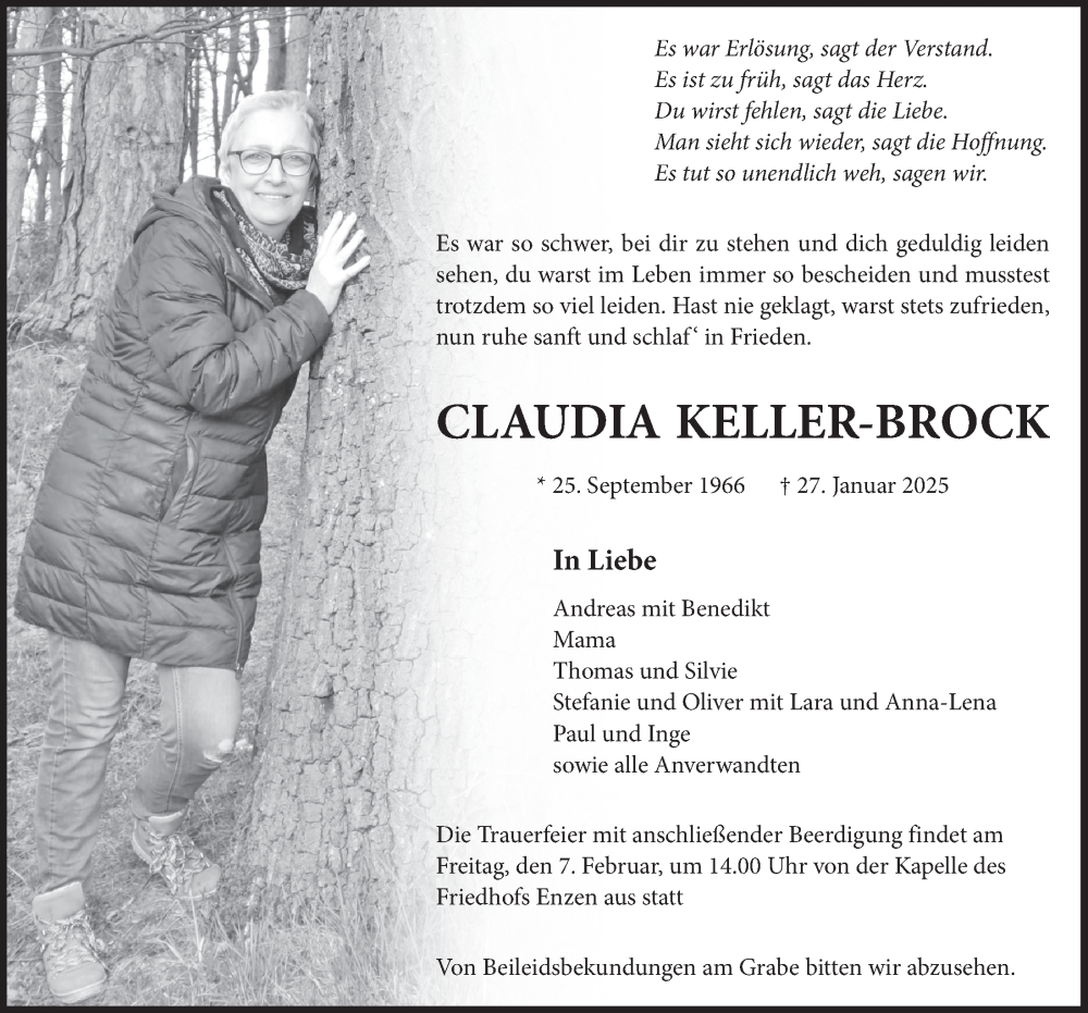  Traueranzeige für Claudia Keller-Brock vom 01.02.2025 aus  Blickpunkt Euskirchen 