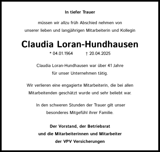 Anzeige von Claudia Loran-Hundhausen von Kölner Stadt-Anzeiger / Kölnische Rundschau / Express