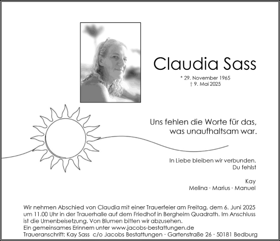 Anzeige von Claudia Sass von  Werbepost 