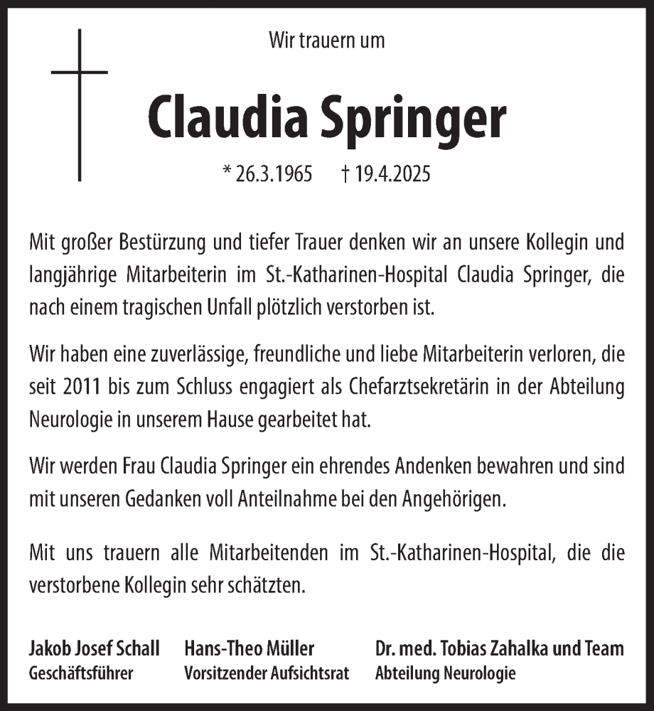  Traueranzeige für Claudia Springer vom 02.05.2025 aus  Wochenende 
