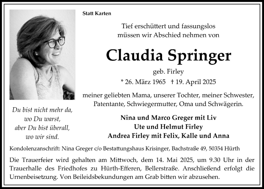  Traueranzeige für Claudia Springer vom 09.05.2025 aus  Wochenende 