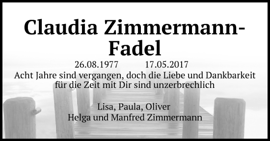 Anzeige von Claudia Zimmermann-Fadel von Kölner Stadt-Anzeiger / Kölnische Rundschau / Express