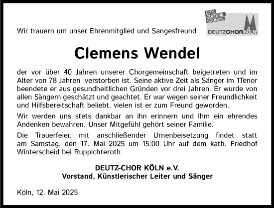 Anzeige von Clemens Wendel von Kölner Stadt-Anzeiger / Kölnische Rundschau / Express