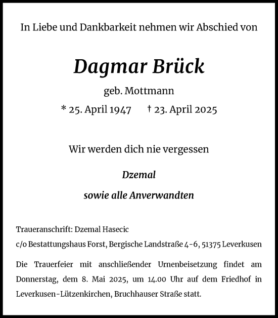Anzeige von Dagmar Brück von Kölner Stadt-Anzeiger / Kölnische Rundschau / Express